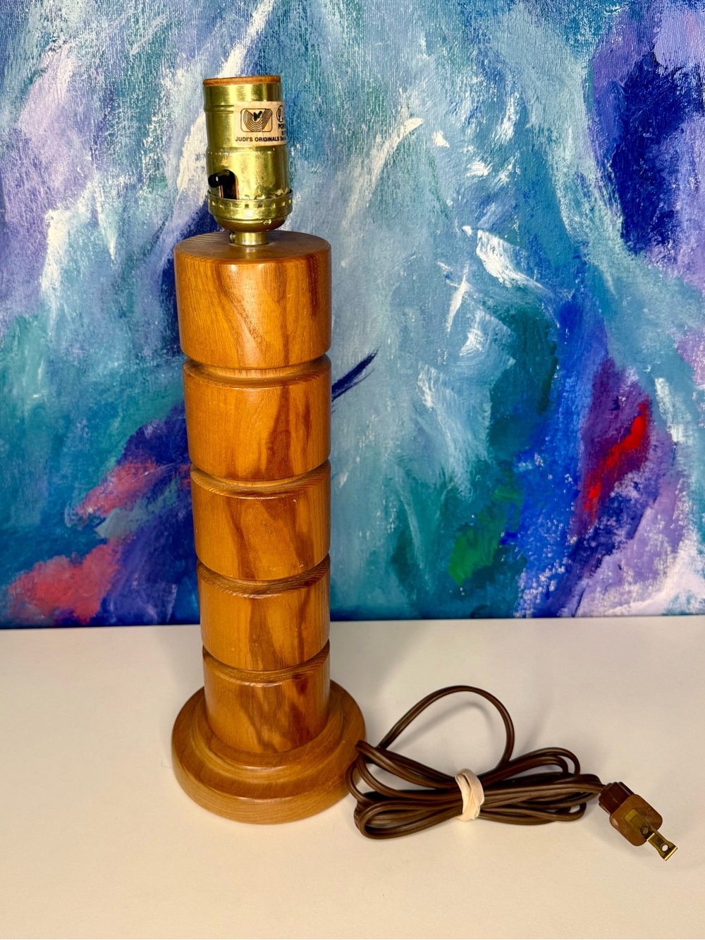 Turned Wood Spindle Table Lamp Stacked Disk Vintage Judi’s Originals Honey Oak